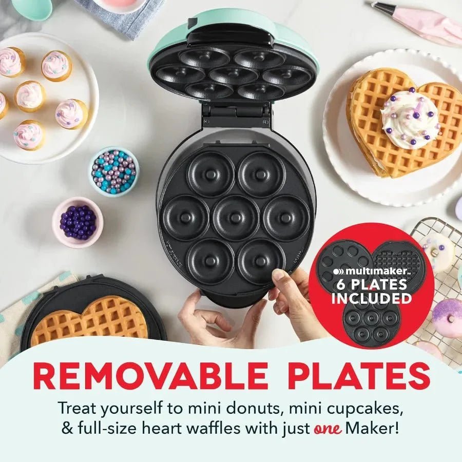 3-in-1 Mini Treat Maker System Donuts Cupcakes Heart Waffles Interchangeable Nonstick Plates 800W Compact - Damsona