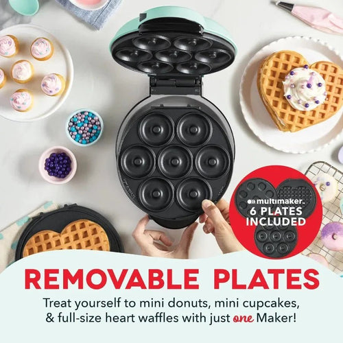 3-in-1 Mini Treat Maker System Donuts Cupcakes Heart Waffles Interchangeable Nonstick Plates 800W Compact - Damsona