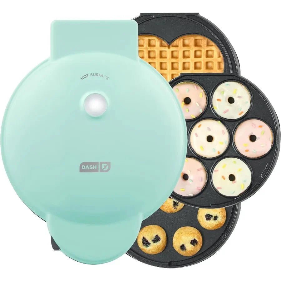 3-in-1 Mini Treat Maker System Donuts Cupcakes Heart Waffles Interchangeable Nonstick Plates 800W Compact - Damsona