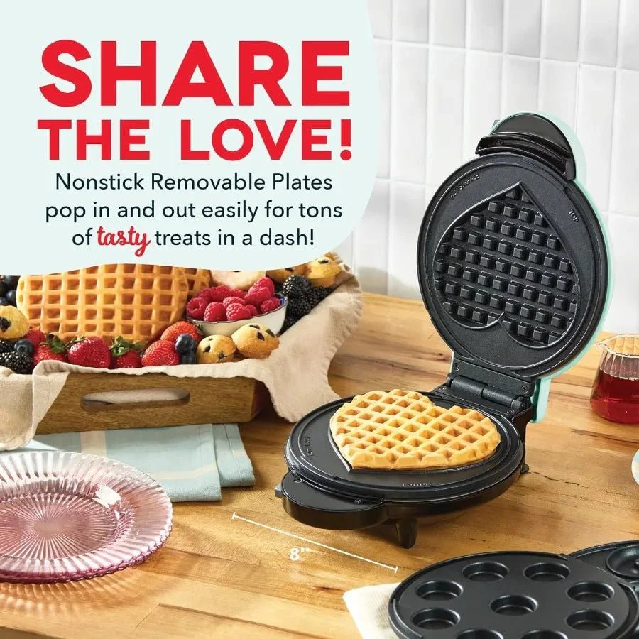 3-in-1 Mini Treat Maker System Donuts Cupcakes Heart Waffles Interchangeable Nonstick Plates 800W Compact - Damsona