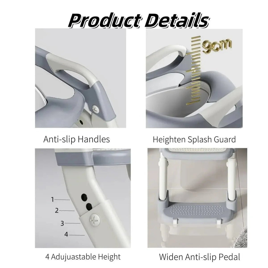 3-in-1 Toddler Potty Training Seat with Steps - Adjustable Toilet Ladder & Step Stool - Soft Non-Slip Cushion & Extended Splash Guard - Damsona
