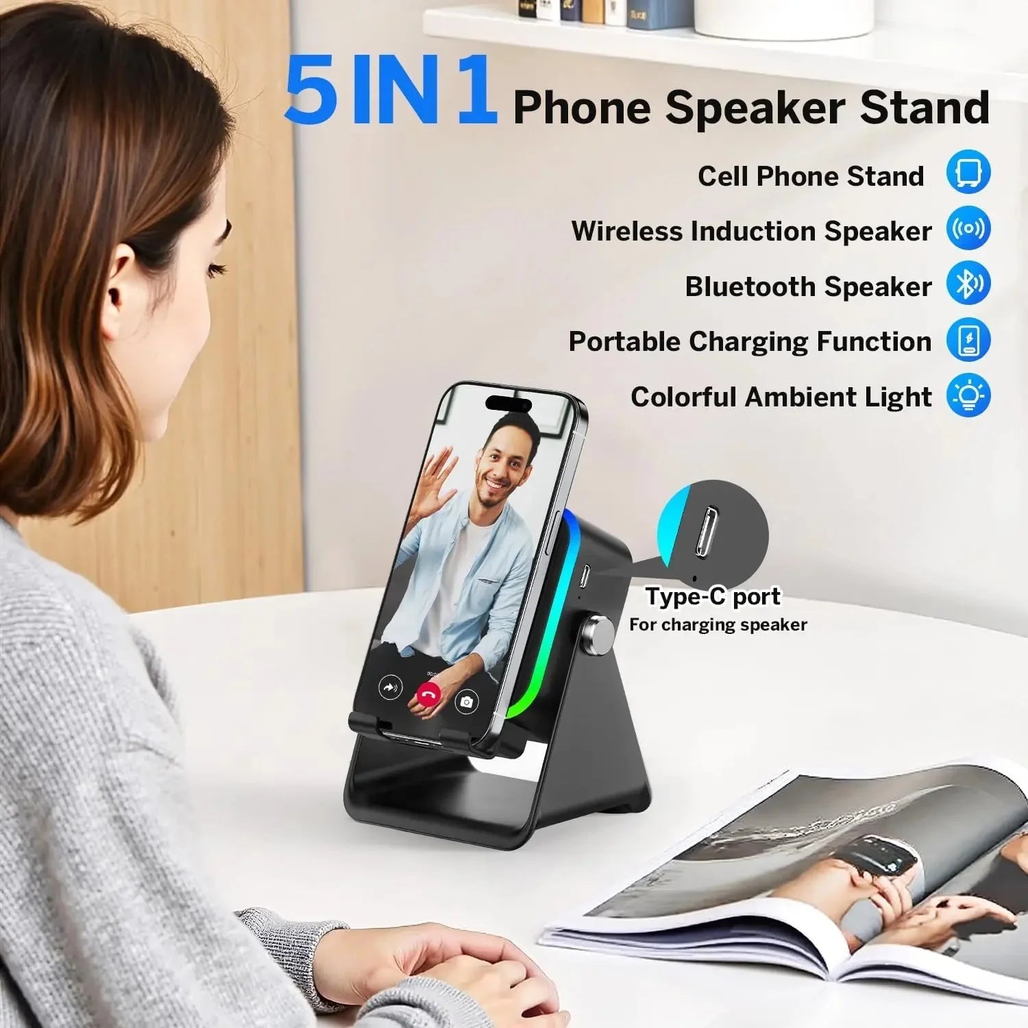 5-in-1 Wireless Bluetooth Speaker Phone Stand RGB Light Auto Induction Charger Portable Surround Sound - Damsona