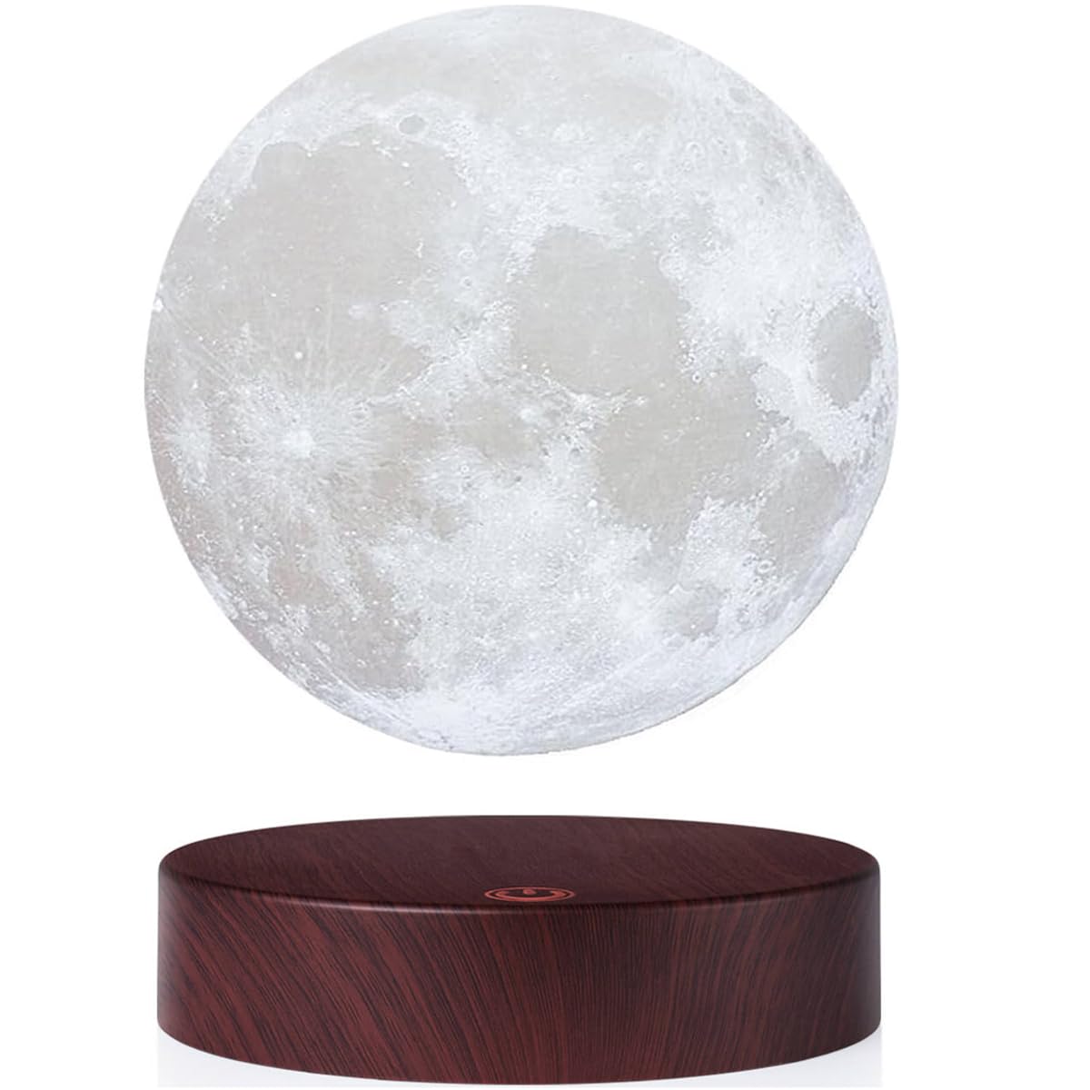 Levitating moon lamp floating above wooden base