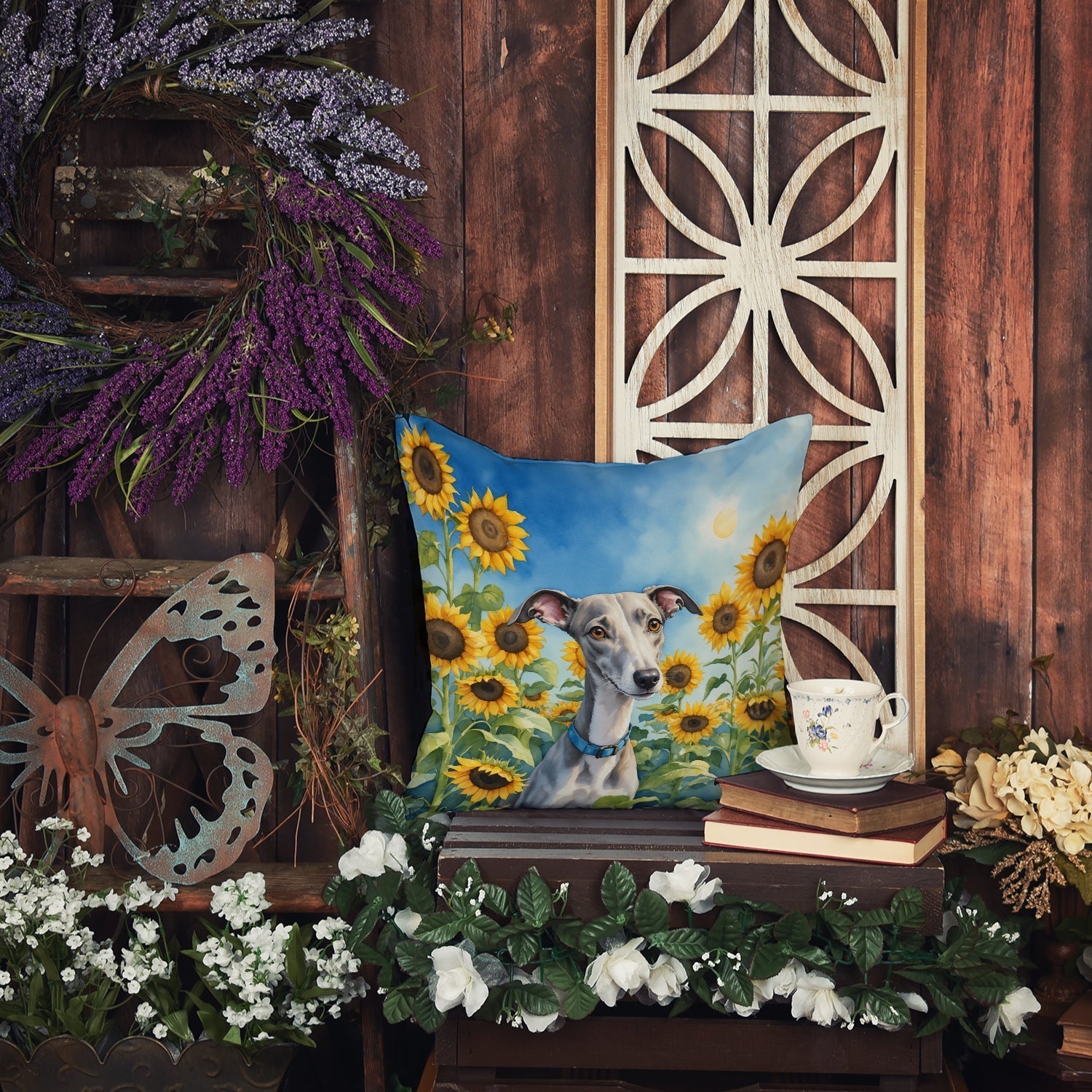 Whippet in Sunflowers Throw Pillow - GiftWave.co