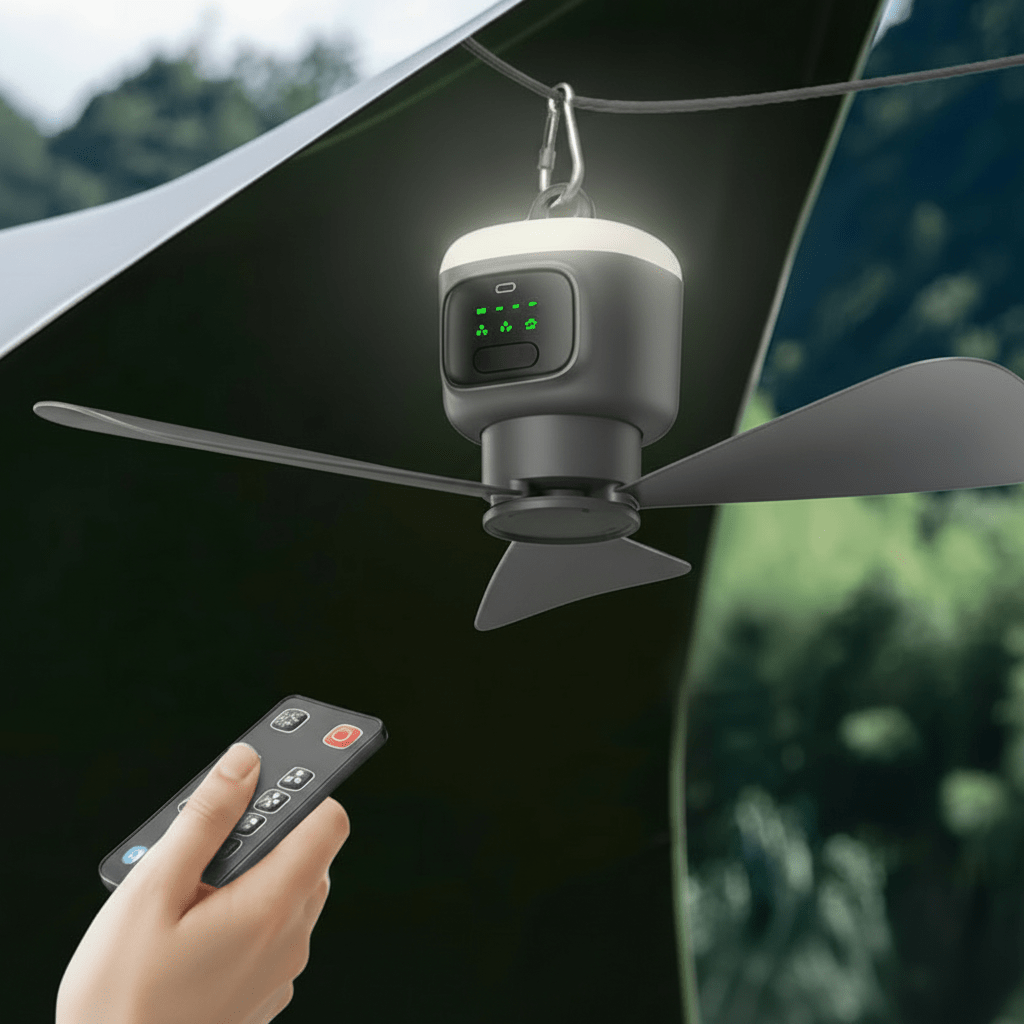 Portable Camping Ceiling Fan – 12000mAh Rechargeable, LED Lantern, Remote Control, 30H Battery, USB - C, RV/Tent - GiftWave.co