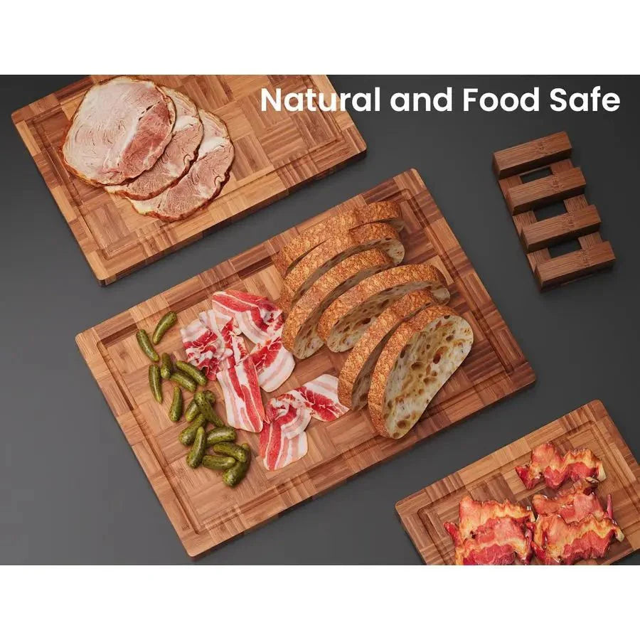 Bamboo Charcuterie & Prep Board Set 3-Piece End Grain Butcher Block Juic... — View 2