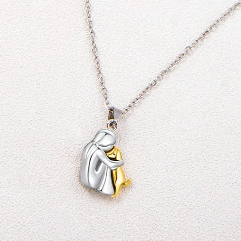 Cute Two-Tone Girl Hugging Dog Necklace | Handcrafted Pet Lover Pendant — View 4
