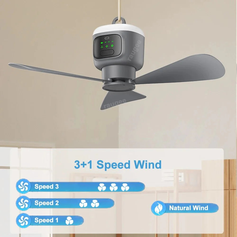 Portable Camping Ceiling Fan – 12000mAh Rechargeable, LED Lantern, Remote Control, 30H Battery, USB - C, RV/Tent - GiftWave.co
