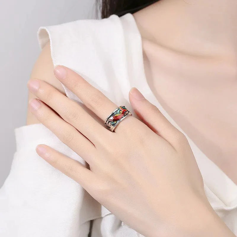 Retro Ethnic Style Enamel Carp Ring | Adjustable Opening Fashion Jewelry - GiftWave.co