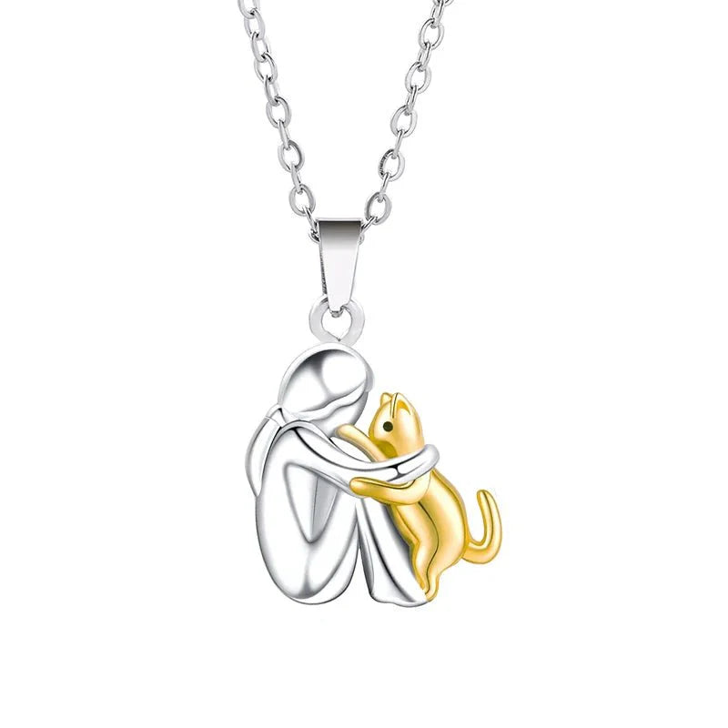 Cute Two-Tone Girl Hugging Dog Necklace | Handcrafted Pet Lover Pendant — View 10
