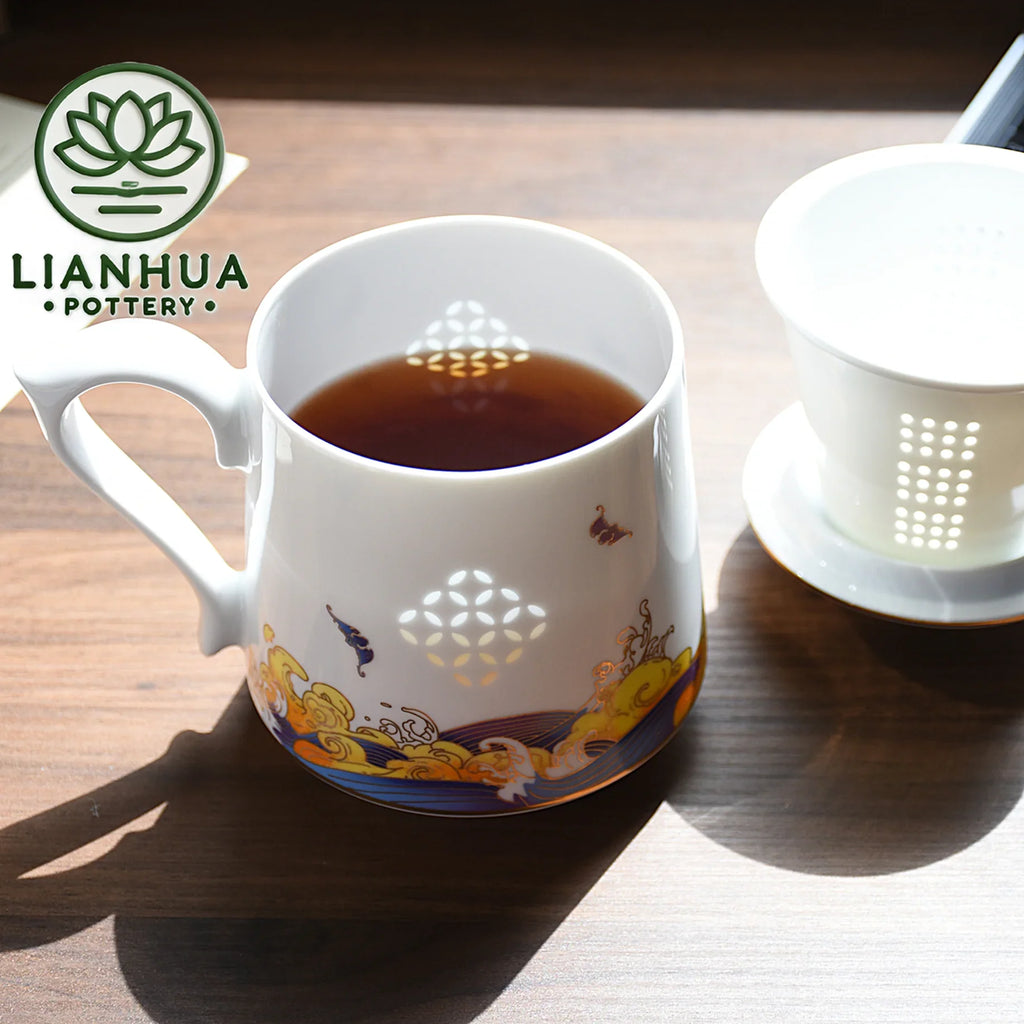 LIANHUA POTTERY Handcrafted Linglong Porcelain Mug with Tea Strainer - GiftWave.co