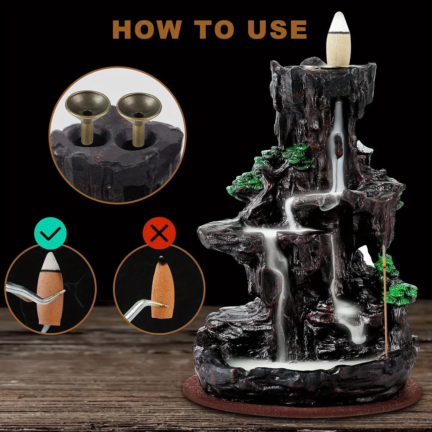 Backflow Incense Burner Waterfall with 120 Cones, Dual-Sided Incense Hol... — View 4