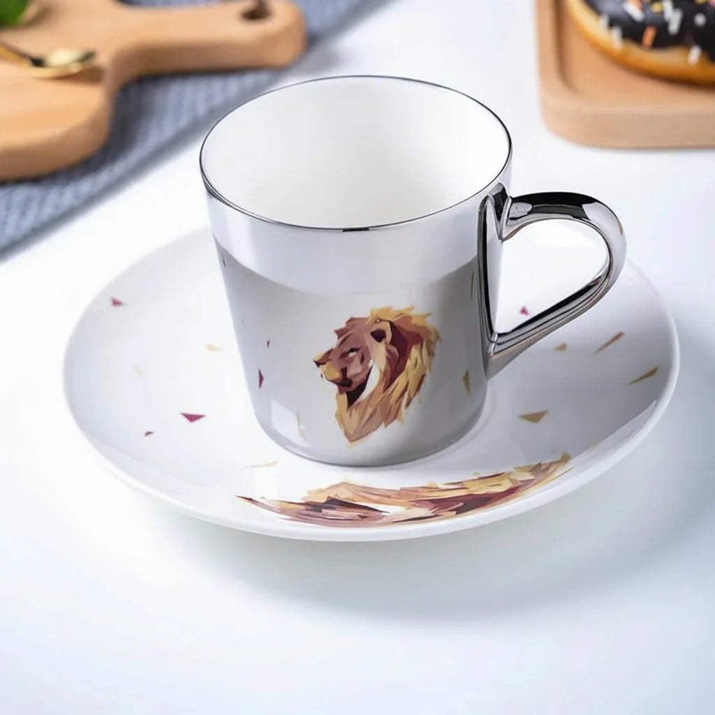 ZenSands Nordic Picasso Lion Mirror Cup Saucer Set Anamorphic Porcelain Illusion Coffee Cup Gift - GiftWave.co