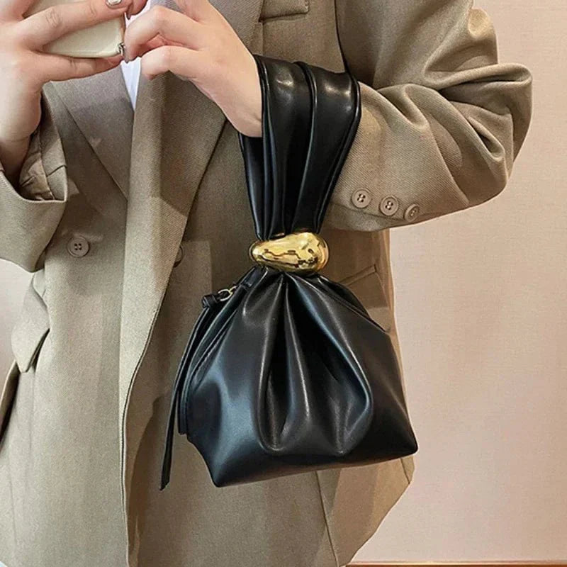 Pleated Mini Bucket Clutch Bag – Luxury Soft Leather Evening Pouch, Side Zipper, Women's Party Shoulder Bag - GiftWave.co