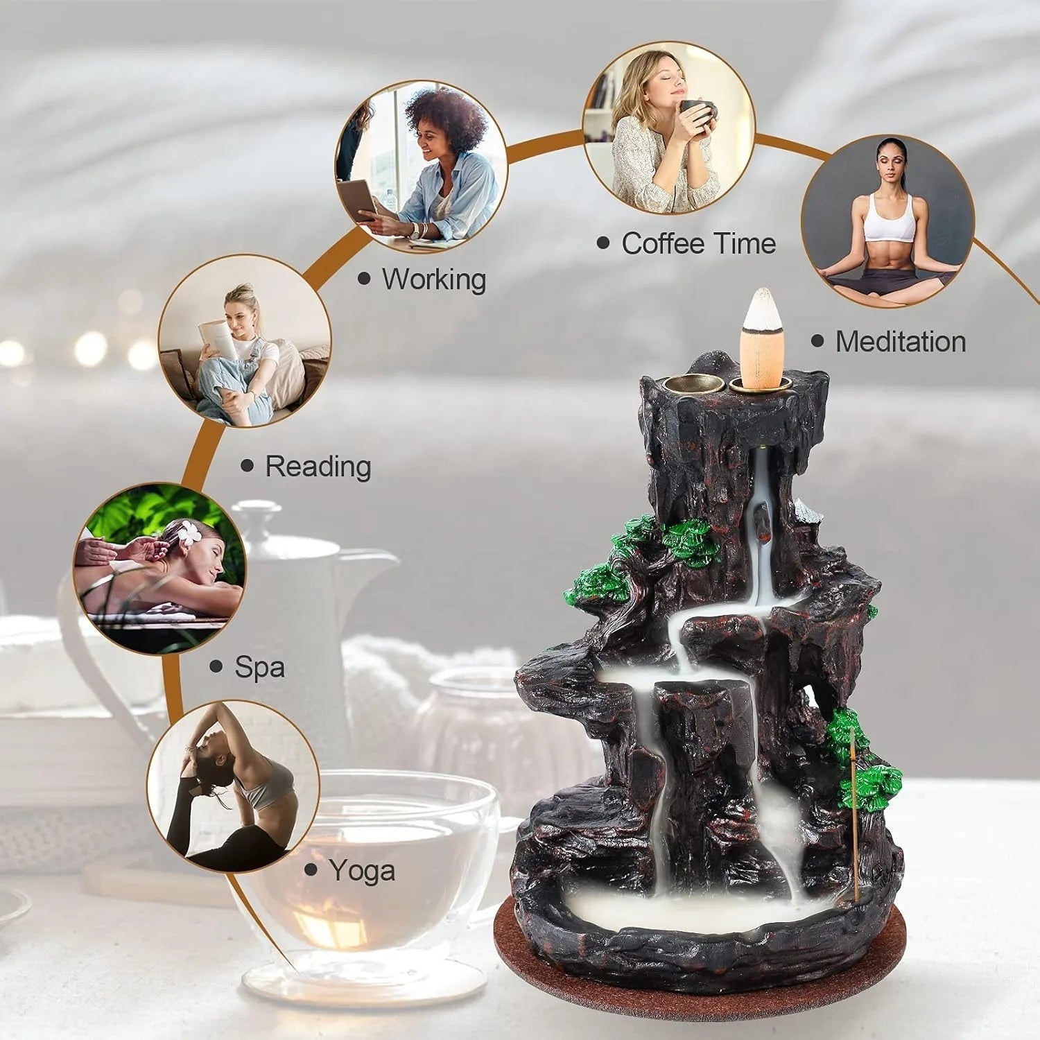 Backflow Incense Burner Waterfall with 120 Cones, Dual-Sided Incense Holder for Home Décor, Meditation & Relaxation Gift - Damsona