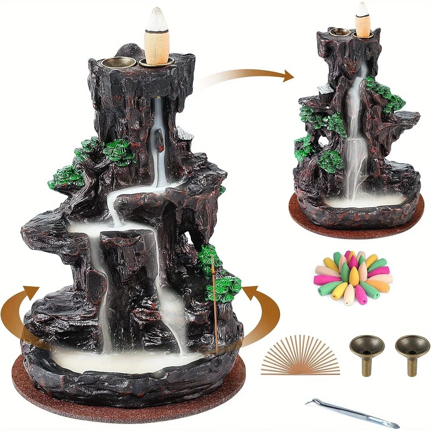 Backflow Incense Burner Waterfall with 120 Cones, Dual-Sided Incense Holder for Home Décor, Meditation & Relaxation Gift - Damsona