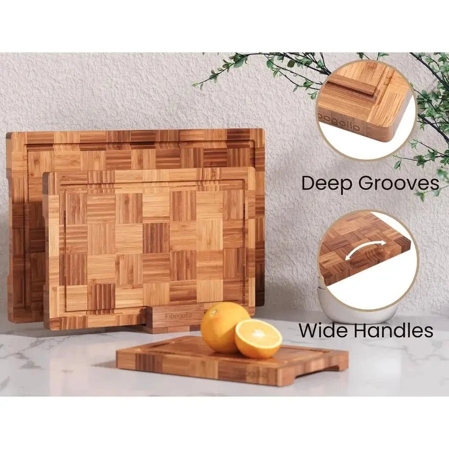 Bamboo Charcuterie & Prep Board Set 3-Piece End Grain Butcher Block Juice Groove Holder Kitchen Gift - Damsona