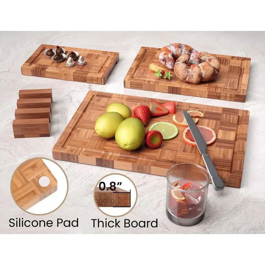 Bamboo Charcuterie & Prep Board Set 3-Piece End Grain Butcher Block Juice Groove Holder Kitchen Gift - Damsona