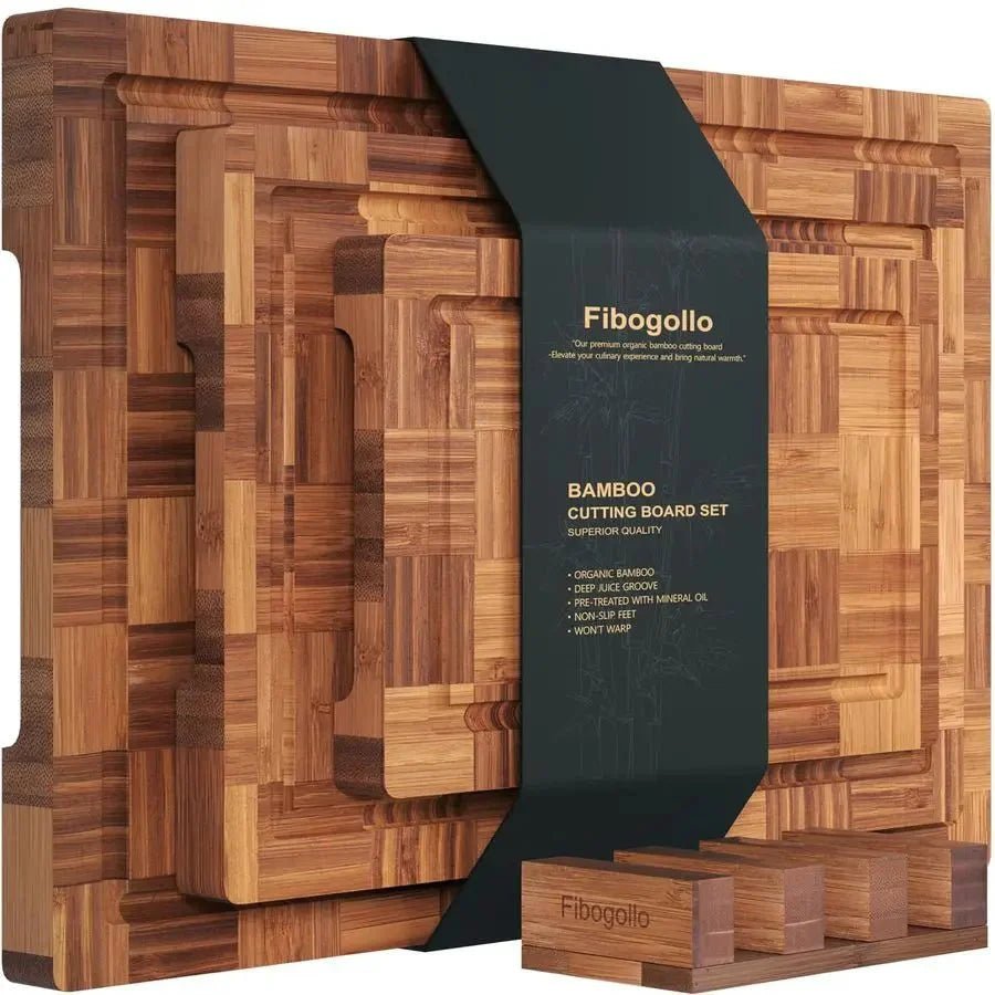 Bamboo Charcuterie & Prep Board Set 3-Piece End Grain Butcher Block Juice Groove Holder Kitchen Gift - Damsona