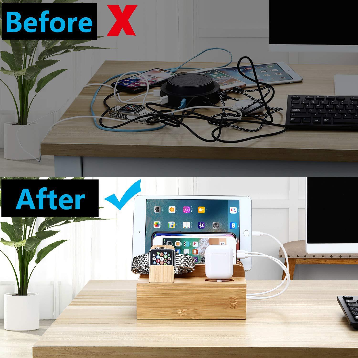 Bamboo Charging Station for Multiple Devices – Wireless Qi Charger, 7-Port USB, Watch Stand, Desk Organizer - Damsona
