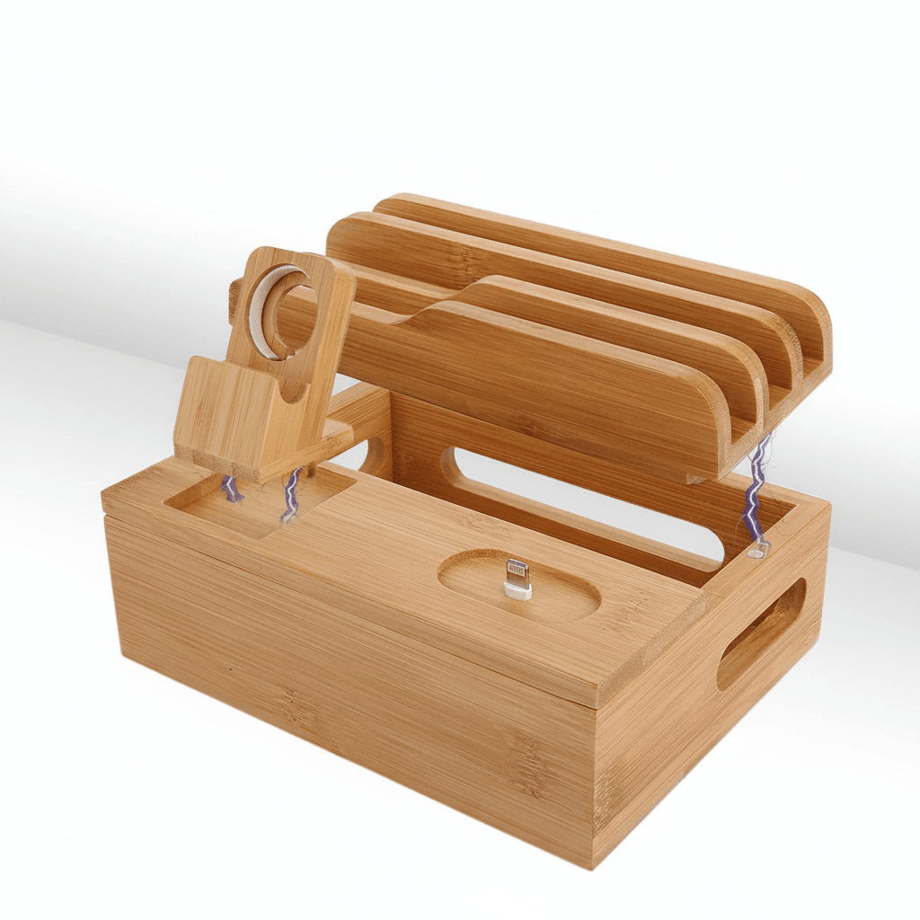 Bamboo Charging Station for Multiple Devices – Wireless Qi Charger, 7-Port USB, Watch Stand, Desk Organizer - Damsona
