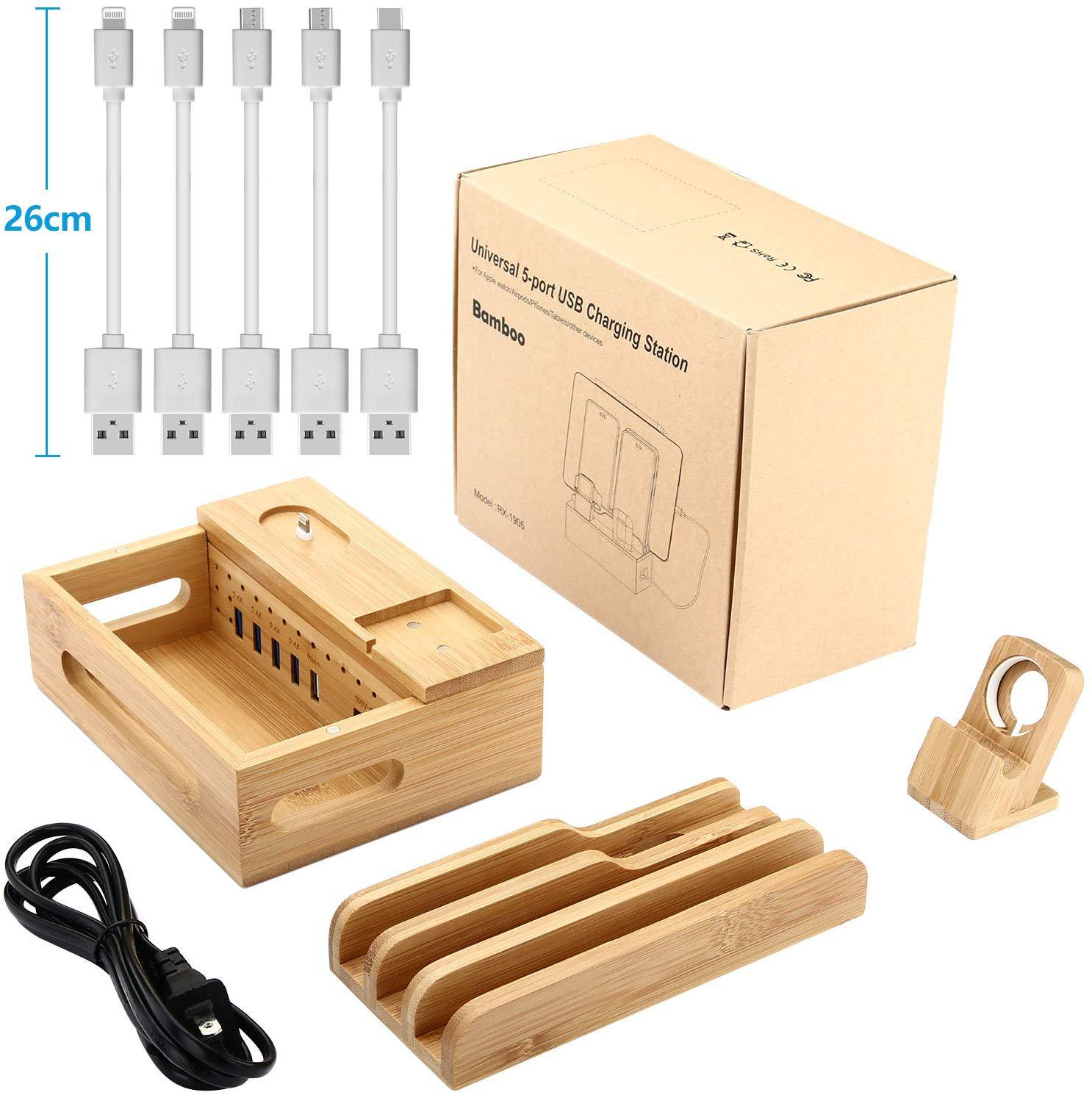 Bamboo Charging Station for Multiple Devices – Wireless Qi Charger, 7-Port USB, Watch Stand, Desk Organizer - Damsona