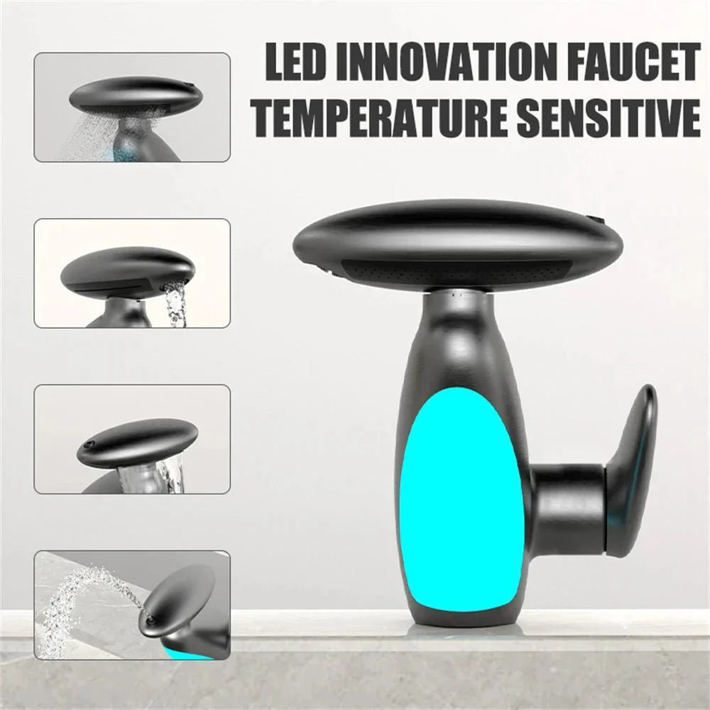 Basin Faucets: Gray Bathroom LED Sink Faucet with Pull-Out Spray — View 3