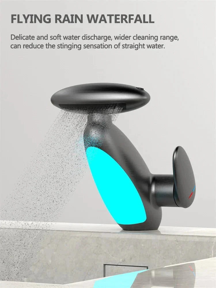 Basin Faucets: Gray Bathroom LED Sink Faucet with Pull-Out Spray — View 7