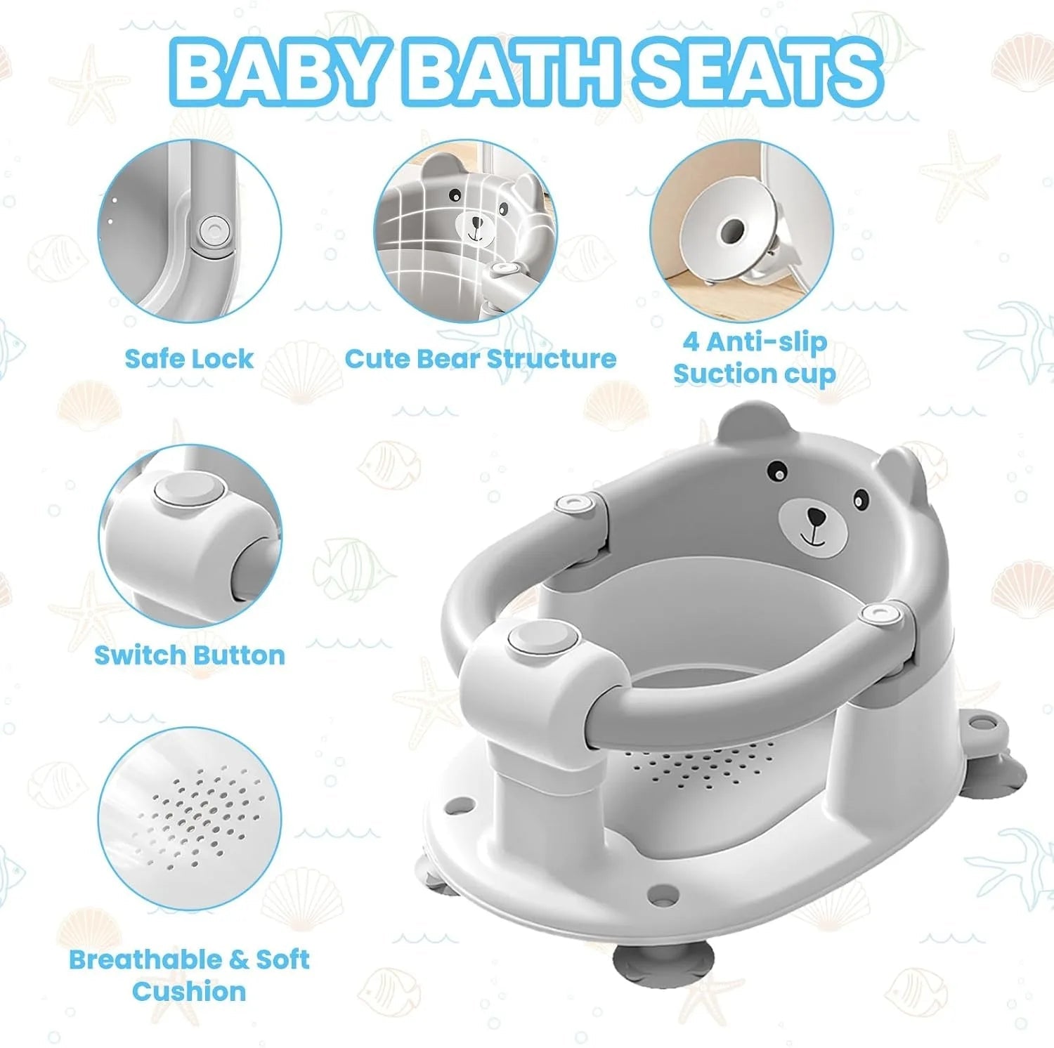 Bear Baby Bath Seat – Non-Slip Safety Bath Chair for Infants 6+ Months, Soft Support, Bathtub Seat - Damsona