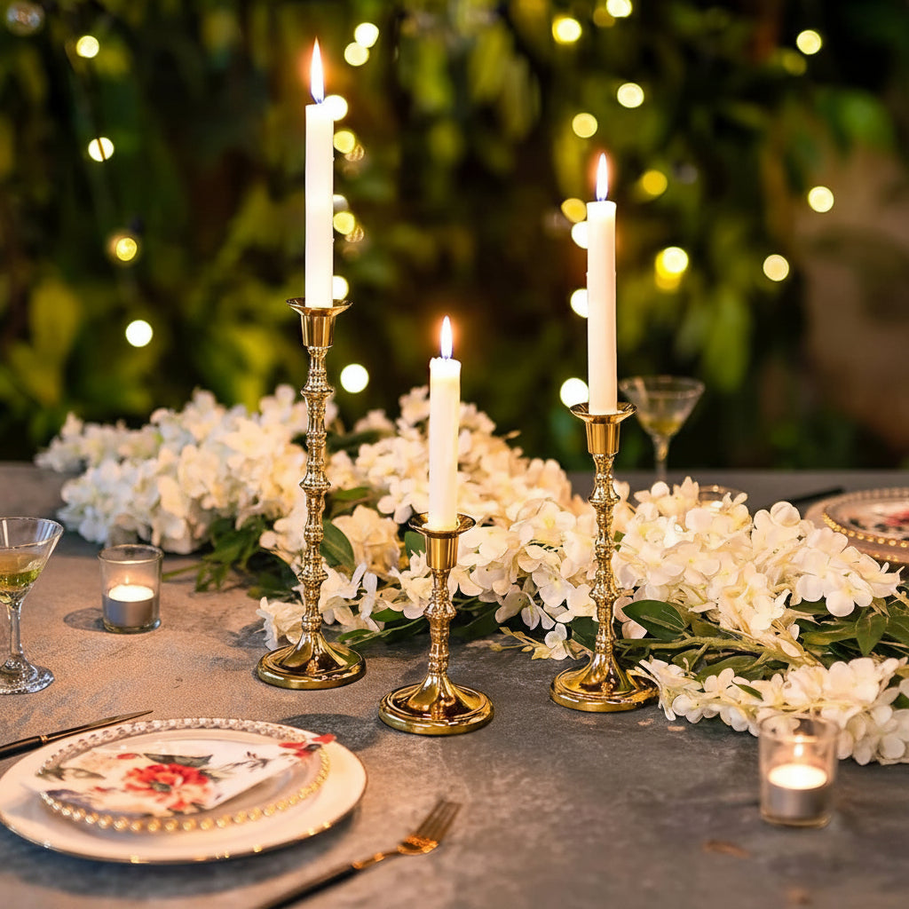Brass Taper Candlestick Holders, Set of 3 — Turned Candle Holders for the Dining Table & Mantel - Damsona