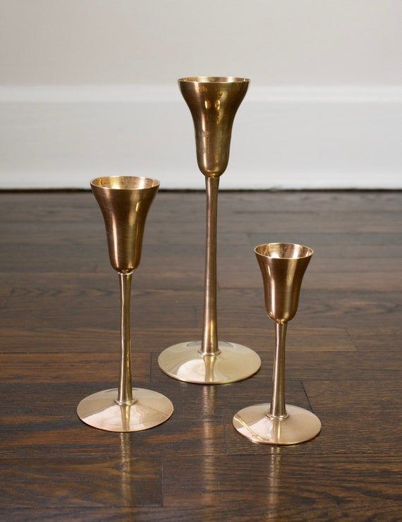 Brass Taper Candlestick Holders, Set of 3 — Turned Candle Holders for the Dining Table & Mantel - Damsona
