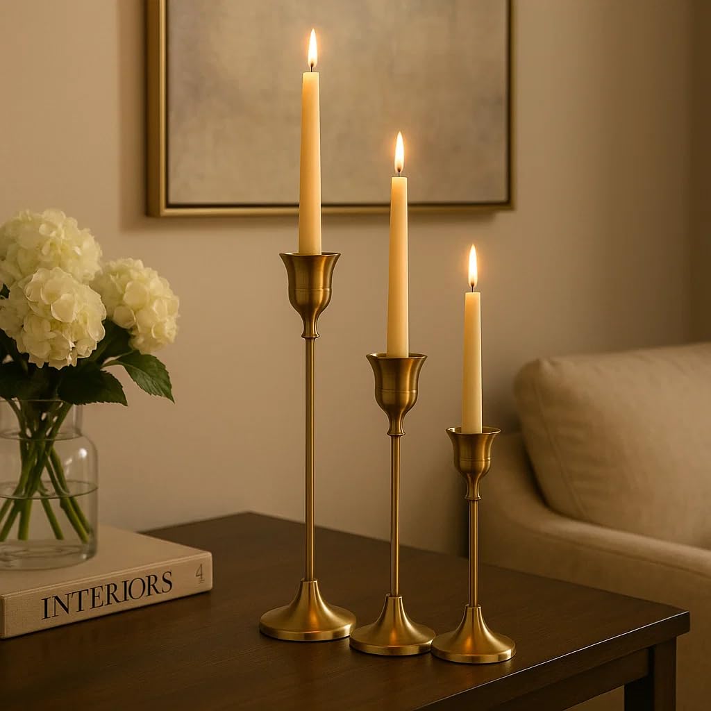 Brass Taper Candlestick Holders, Set of 3 — Turned Candle Holders for the Dining Table & Mantel - Damsona