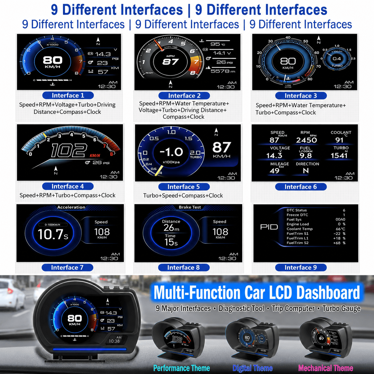 Car Head Up Display OBD2 Smart HUD Turbo Gauge RPM Speedometer Water Oil Temp Alarm - Damsona