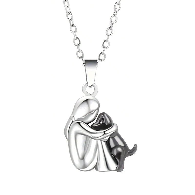 Cute Two-Tone Girl Hugging Dog Necklace | Handcrafted Pet Lover Pendant - Damsona