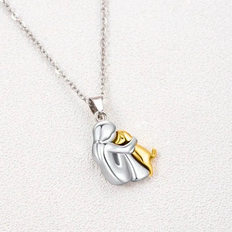 Cute Two-Tone Girl Hugging Dog Necklace | Handcrafted Pet Lover Pendant - Damsona