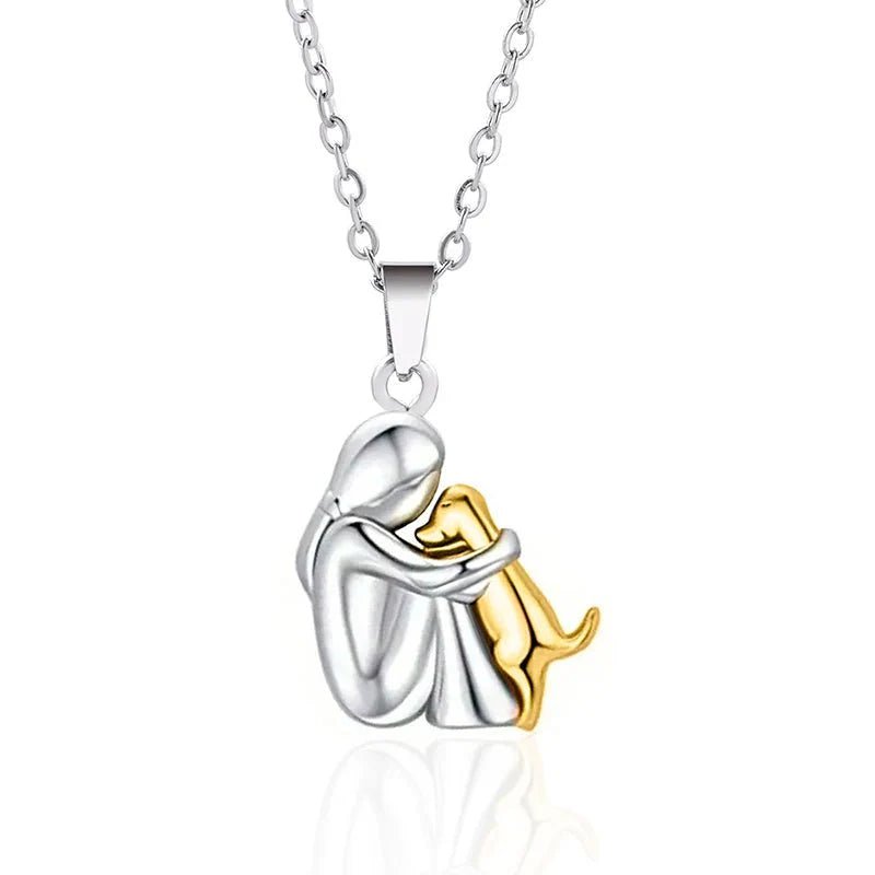 Cute Two-Tone Girl Hugging Dog Necklace | Handcrafted Pet Lover Pendant - Damsona
