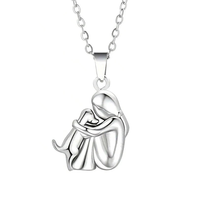 Cute Two-Tone Girl Hugging Dog Necklace | Handcrafted Pet Lover Pendant - Damsona
