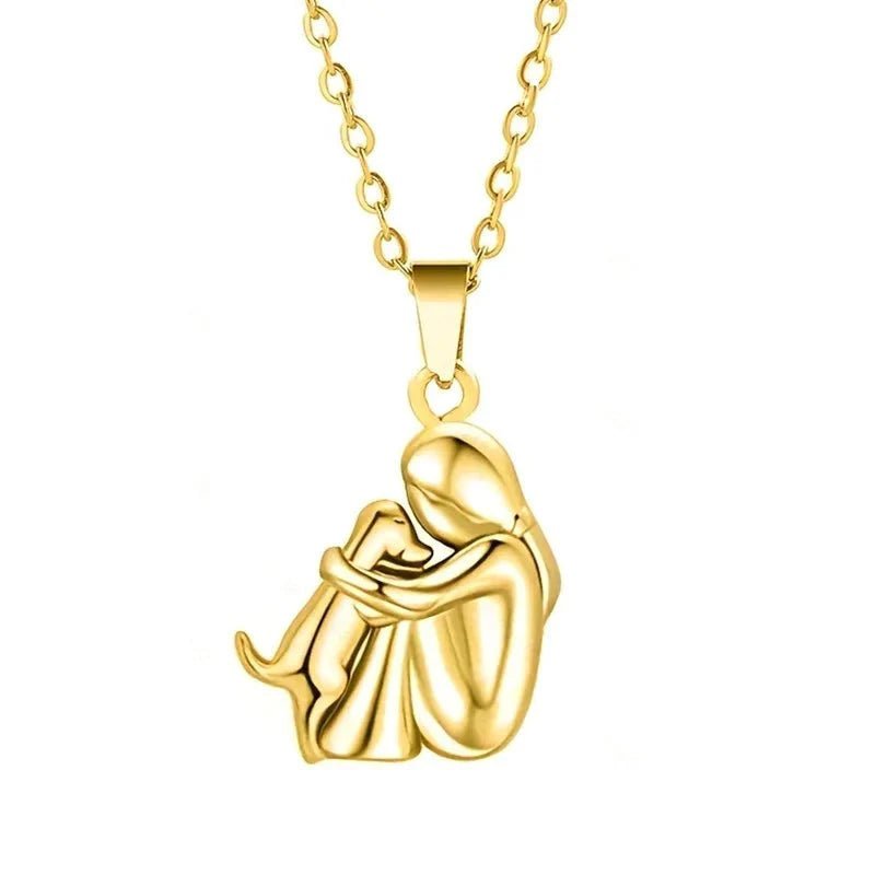 Cute Two-Tone Girl Hugging Dog Necklace | Handcrafted Pet Lover Pendant - Damsona