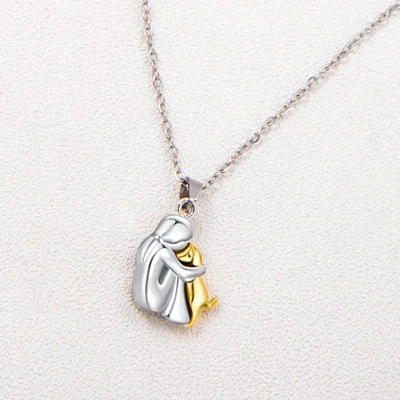 Cute Two-Tone Girl Hugging Dog Necklace | Handcrafted Pet Lover Pendant - Damsona