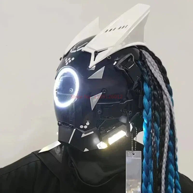 Cyberpunk Helmet Shinobi Mask: Robot Samurai Armor with LED Light - Damsona