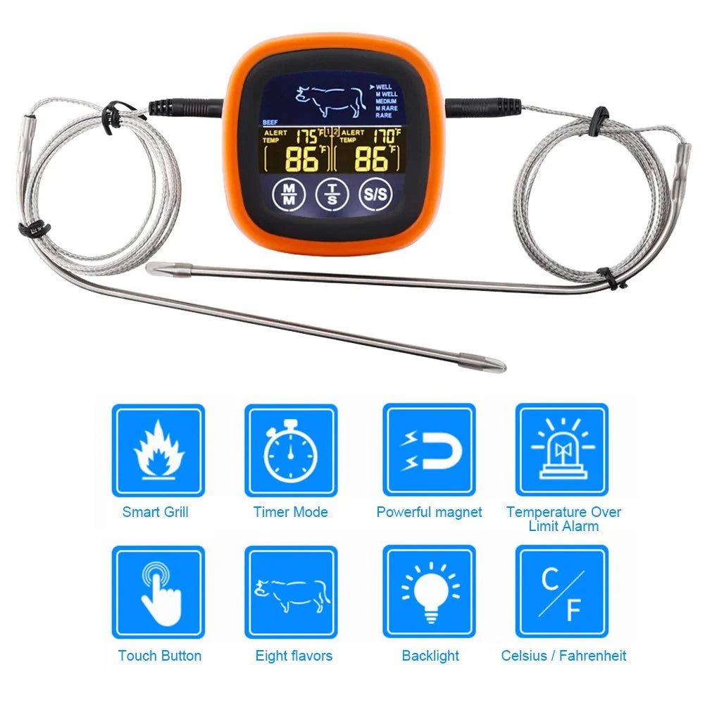 Dual Probe Digital Kitchen Meat Thermometer Touch Screen BBQ Food Temperature Gauge with Timer - Damsona