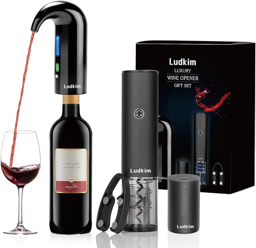 Electric Wine Opener Gift Set 7 - in - 1, Rechargeable Automatic Corkscrew with Foil Cutter Aerator Stoppers - GiftWave.co