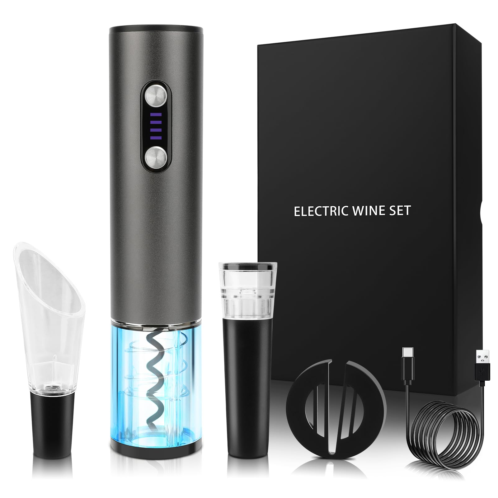 Electric Wine Opener Gift Set 7 - in - 1, Rechargeable Automatic Corkscrew with Foil Cutter Aerator Stoppers - GiftWave.co