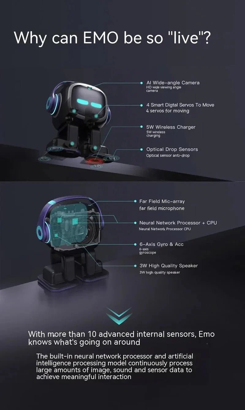 Emo AI Robot Pet Desktop Companion ChatGPT Voice Control 1000+ Expressions Face Recognition No Subscription - Damsona