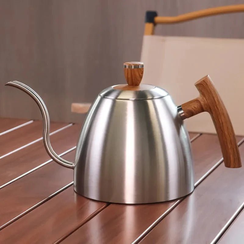 Gooseneck Pour Over Kettle 50oz 304 Stainless Steel Walnut Handle Minimalist Coffee Pot Gas Electric - Damsona