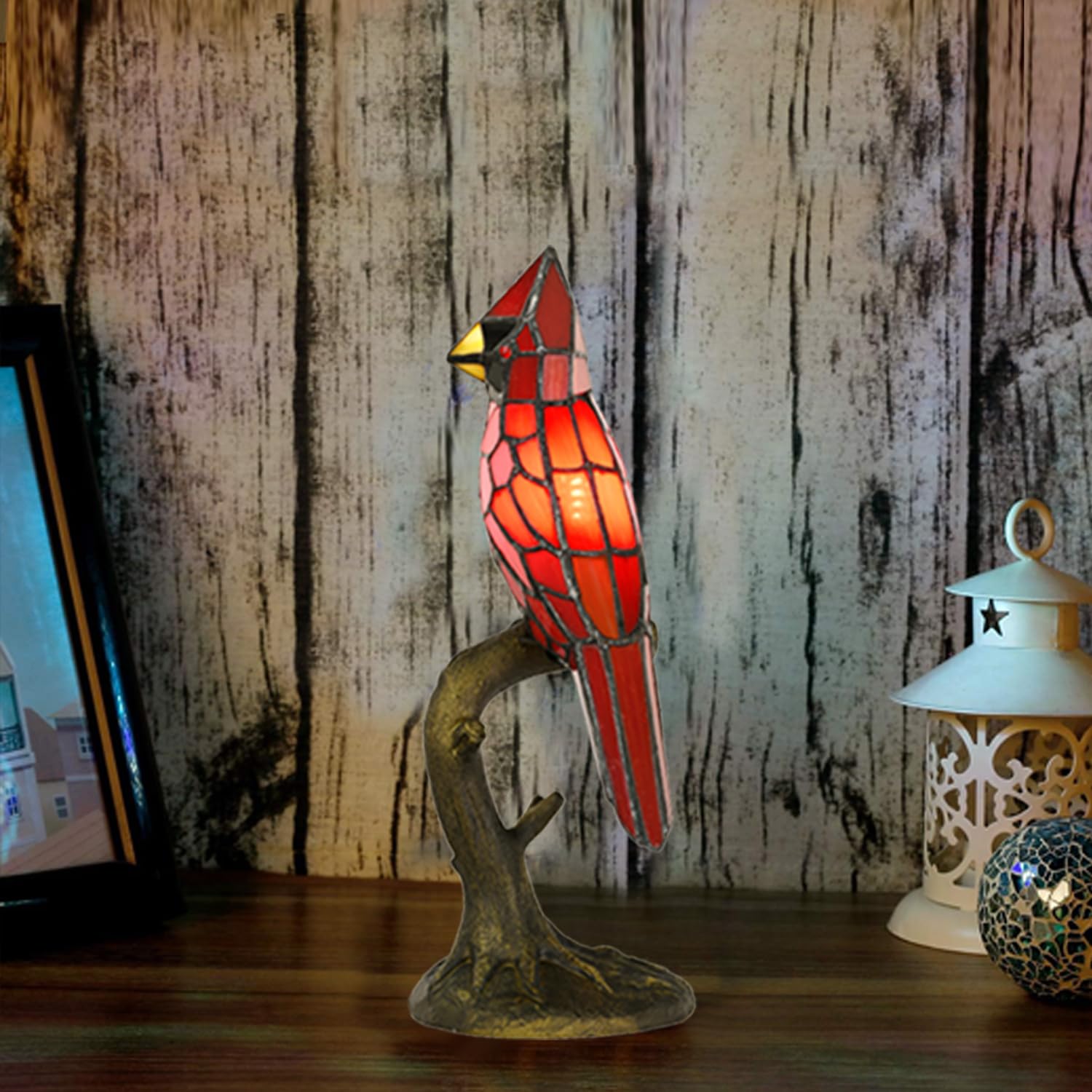 Handcrafted Colored Resin Bird Table Decor Lamp Stained Glass Effect Artistic Accent Light Home Gift - Damsona
