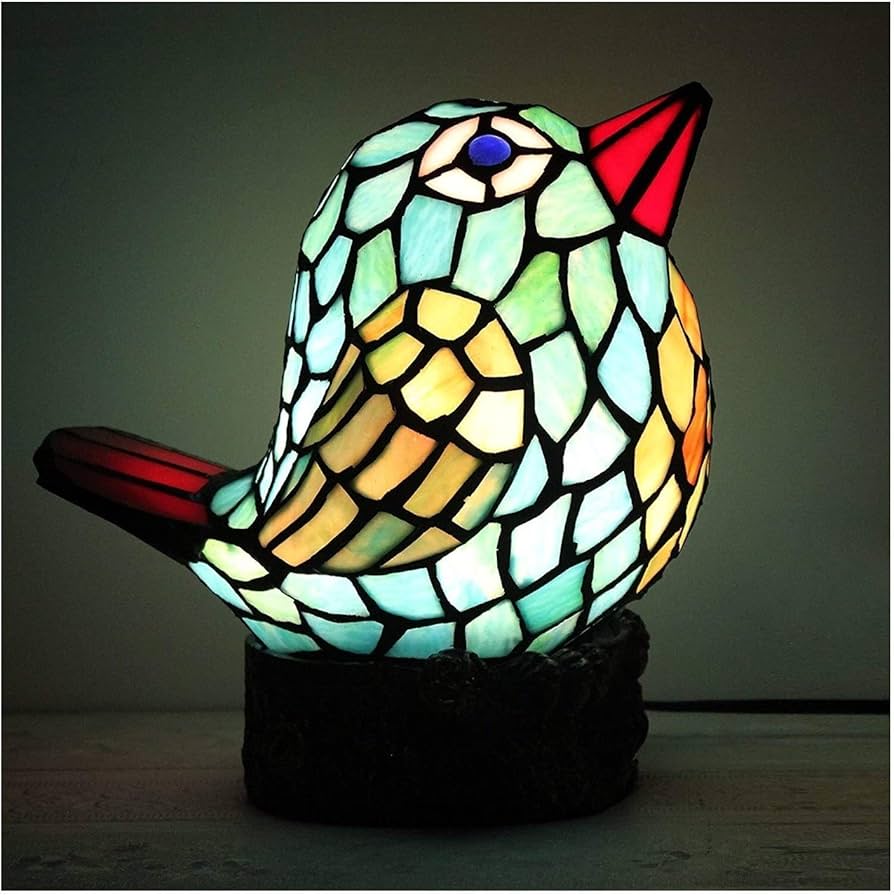Handcrafted Colored Resin Bird Table Decor Lamp Stained Glass Effect Artistic Accent Light Home Gift - Damsona