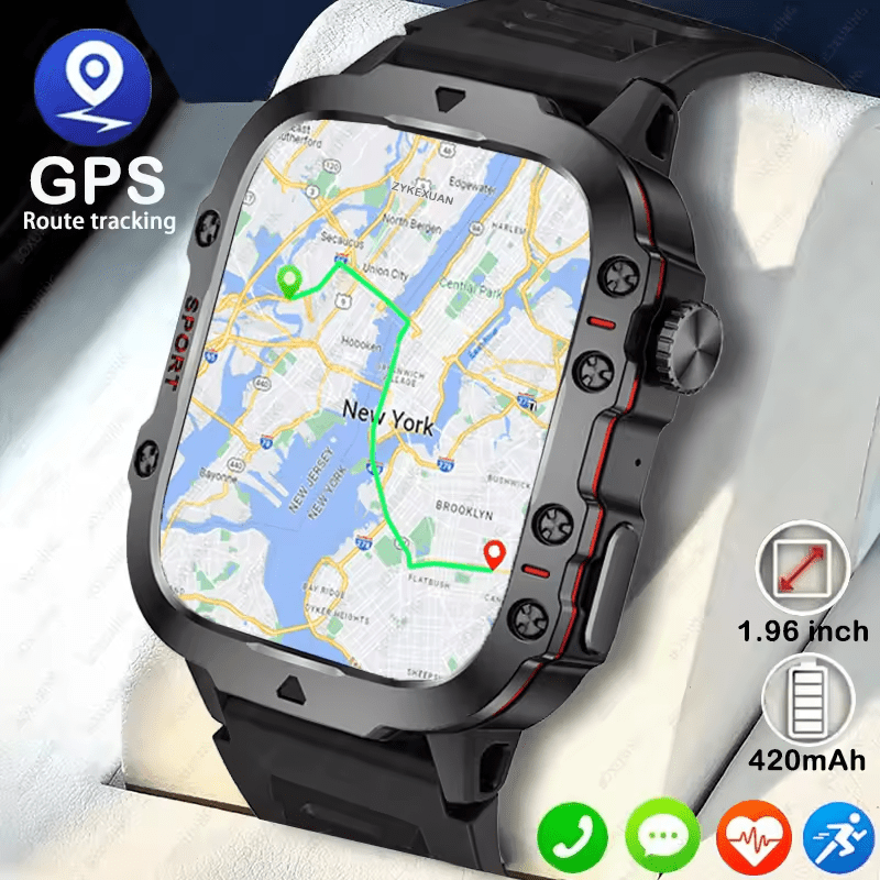 Men's Rugged GPS Smartwatch 1.96" AMOLED Bluetooth Call IP68 MIL-STD-810H Compass Altimeter 15 Days - Damsona