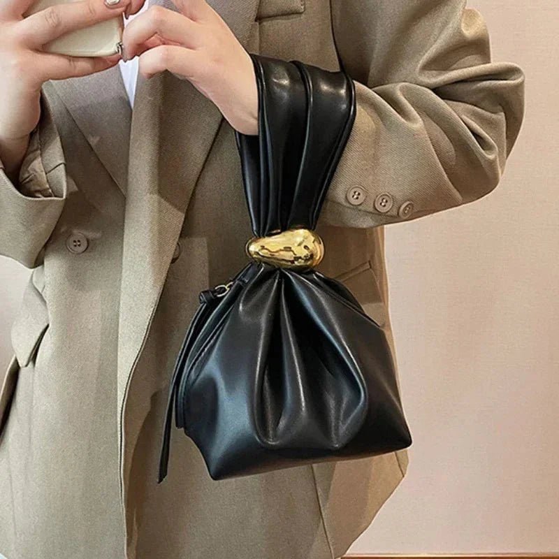 Pleated Mini Bucket Clutch Bag – Luxury Soft Leather Evening Pouch, Side Zipper, Women's Party Shoulder Bag - Damsona