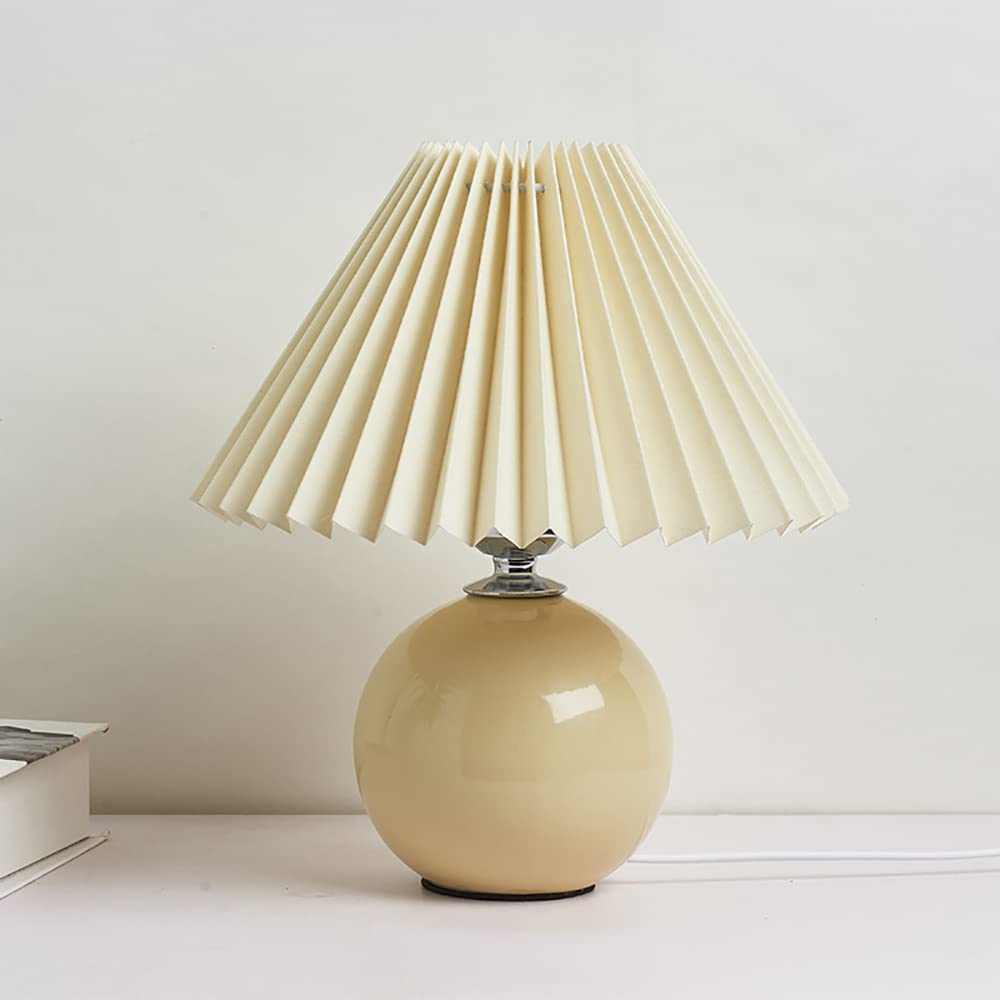 Pleated Table Lamp Ceramic Base Warm Ambient Farmhouse Bedside Desk Accent Light Bedroom - Damsona